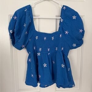Altar'd State Blue Puff Sleeve Blouse with Floral Accents
